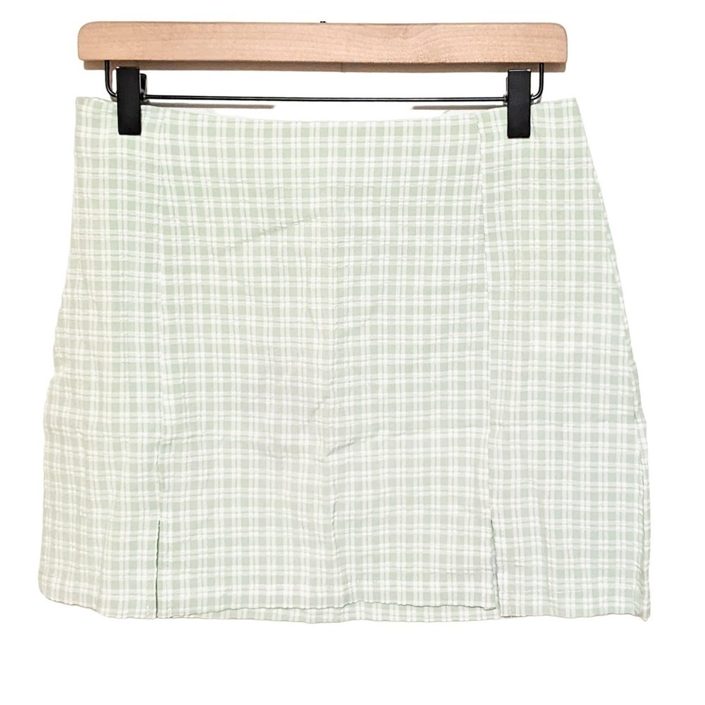 Zaful Womens Seersucker Plaid Pleated Mini Skirt Size 6 Green White Side Zip NWT
